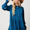 Peach Love California Mini- Teal Rhinestone Button Down Shirt Dress