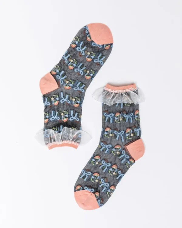 Sock Candy Socks And Tights- Floral Bow Ruffle Black Sheer Ankle Sock